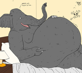 anthro bed belly big_belly black_eyes digestion duo furniture grey_arms grey_body grey_ears grey_legs grey_trunk hand_on_belly huge_belly lamp lying male on_back on_bed pillow rumbling_stomach skull_symbol talking_to_prey text vore yauhasart elephant elephantid mammal proboscidean 2025 english_text flat_colors hi_res