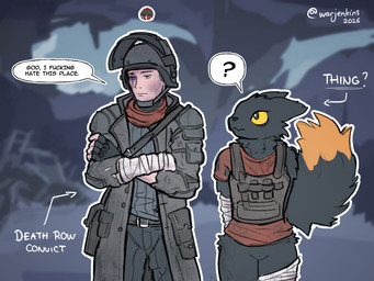 ambiguous_anthro ambiguous_gender anthro armor bandage bandaged_arm bandaged_leg black_body black_fur bruised bruised_eye clothed clothing coat crossed_arms duo featureless_crotch fingerless_gloves fully_clothed fur gloves hands_behind_back handwear headgear helmet male male_human partially_clothed speech_bubble standing tail text topwear trenchcoat wounded warjenkins casualties:_unknown expie_(gunsawian) gunsawian human humanoid mammal 2026 colored english_text hi_res male_(lore)