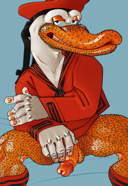 anthro balls beak blue_eyes body_hair caricature clothing colored_nails erection footwear genitals glans hairy hairy_balls hat headgear headwear looking_at_viewer male nails orange_beak orange_eyelids orange_glans orange_legs orange_nails orange_penis penis red_clothing red_footwear red_shirt red_socks red_topwear sailor sailor_cap sailor_shirt shirt simple_background sitting smile smiling_at_viewer socks solo stubble topwear wearing_shirt white_body ravuer bicentennial_gross_outs dildo_duck anatid anseriform avian bird duck absurd_res hi_res