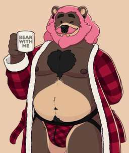 anthro beard black_hair body_hair brown_body brown_fur chest_hair clothed clothing container cup facial_hair facial_piercing fur hair male male_anthro mug mustache nipples nose_piercing nose_ring one_eye_closed open_clothing open_robe open_topwear overweight overweight_anthro overweight_male partially_clothed partially_clothed_anthro partially_clothed_male pattern_clothing pattern_topwear pattern_underwear piercing pink_hair plaid plaid_clothing plaid_topwear plaid_underwear pubes ring_piercing robe simple_background solo standing tan_body tan_fur topwear underwear wink heronin868 ronin_(heronin868) bear mammal 2024 hi_res