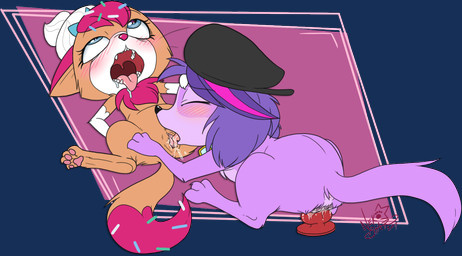 ahegao anus beret black_nose blue_eyes blush bodily_fluids brown_body brown_fur clitoris clothing cunnilingus dildo dildo_sitting dipstick_tail drooling duo eye_roll eyes_closed fangs female female/female feral flat_cap fucked_silly fur genital_fluids genitals hair hat headgear headwear knot knotted_dildo looking_pleasured lying markings neck_tuft on_back open_mouth oral pawpads penetration purple_body purple_fur purple_hair saliva sex sex_toy simple_background tail tail_markings teeth tongue tongue_out tuft vaginal vaginal_fluids vaginal_penetration vulva nekostar hasbro littlest_pet_shop littlest_pet_shop_(2012) sugar_sprinkles zoe_trent bird_dog canid canine canis cavalier_king_charles_spaniel domestic_cat domestic_dog felid feline felis hunting_dog mammal snowshoe_cat spaniel toy_dog 2017 alpha_channel