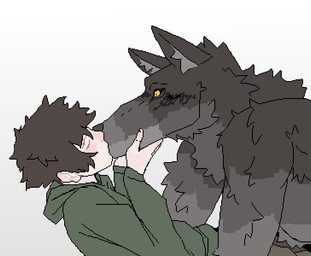 anthro bottomwear brown_hair caressing_face clothed clothed_anthro clothed_male clothing duo eyes_closed femboy fur green_clothing green_hoodie green_topwear grey_body grey_fur grey_inner_ear_fluff grey_nose hair hoodie inner_ear_fluff kissing looking_at_another male pants simple_background topwear tuft white_background mertvykhcrows mythology canid canine human mammal mythological_canine mythological_creature werecanid werecanine werecreature werewolf 2026 digital_media_(artwork) hi_res pixel_(artwork)