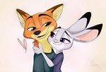 anthro black_nose dipstick_ears duo ear_markings female fur grey_body grey_fur male multicolored_ears purple_eyes smile bubblecop disney zootopia judy_hopps nick_wilde canid canine fox lagomorph leporid mammal rabbit red_fox true_fox hi_res signature