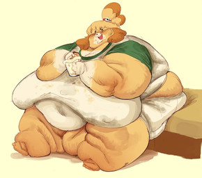 anthro belly beverage big_belly big_breasts black_nose blonde_hair blush breasts buckteeth chubby_cheeks cleavage clothed clothing double_chin fat_arms fat_legs fat_rolls female flabby_arms flabby_legs food fur hair holding_beverage holding_food holding_object huge_breasts hyper hyper_breasts immobile morbidly_obese morbidly_obese_anthro morbidly_obese_female navel_outline nipple_outline obese obese_anthro obese_female open_mouth open_smile overweight overweight_anthro overweight_female sagging_breasts simple_background smile teeth thick_arms white_body white_fur yellow_body yellow_fur cloudboyo animal_crossing nintendo isabelle_(animal_crossing) canid canine canis domestic_dog mammal shih_tzu toy_dog