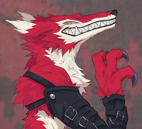 claws fluffy fur grin harness leather leather_harness long_snout male red_body red_fur sharp_teeth smile snout solo teeth decomposerval bandai_namco digimon digimon_(species) fangmon
