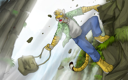 anthro blue_bottomwear blue_clothing blue_eyes blue_pants bottomwear clothed clothing fangs fur grass green_clothing green_topwear head_tuft holding_bag male male_anthro markings open_mouth outside pants plant red_tongue slim_anthro slim_male solo striped_arms striped_body striped_fur striped_markings striped_tail stripes tail tail_markings teeth tongue topwear tuft waterfall white_body white_clothing white_fur white_topwear yellow_body yellow_fur hufnaar felid mammal pantherine tiger 2015 dated signature