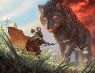 ambiguous_gender anthro armor biped brown_body brown_fur cape clothing day digitigrade duo dutch_angle feral fire flower fur glowing glowing_eyes grass holding_melee_weapon holding_object holding_sword holding_weapon leaf_clothing low-angle_view melee_weapon open_mouth plant quadruped standing sword tail walking weapon whiskers ryan_pancoast hasbro magic:_the_gathering wizards_of_the_coast wildsear ambient_arthropod ambient_firefly ambient_insect elemental_creature mammal mouse murid murine rodent 2024 hi_res official_art