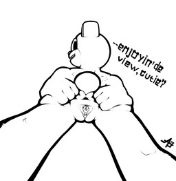 4_fingers anthro big_eyes butt butt_grab clothed clothing female fingers genitals grip hand_on_butt low-angle_view meshka_tobe no_underwear nude open_mouth open_smile plushie pose rear_view sharp_teeth smile spread_butt spread_legs spread_vulva spreading standing tail teddy_bear teeth text view_between_legs vulva artimishka hi_res monochrome signature