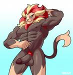 anthro anthrofied armpit_hair balls biped blue_eyes body_hair brown_body brown_fur erection foreskin fur genitals hair humanoid_genitalia humanoid_penis male mane muscular muscular_anthro muscular_male nipples nude penis pokemorph pose pubes red_hair solo standing tan_hair voviat nintendo pokemon felid generation_6_pokemon mammal pantherine pokemon_(species) pyroar 2018 pinup