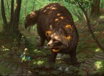 2022 ambiguous_gender brown_body brown_fur canid canine caraid claws day detailed_background feral finger_claws fluffy forest fur grass hasbro magic:_the_gathering mammal moss official_art outside plant quadruped raccoon_dog river rock shaded solo tanuki toe_claws tree water wizards_of_the_coast