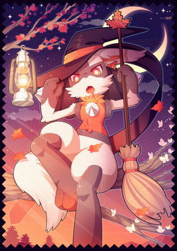 alternate_color anthro autumn black_body black_fur broom cleaning_tool clothing crescent_moon cute_fangs detailed_background fangs female fluffy fluffy_tail fur hat headgear headwear holding_object holidays kemono lamp lantern leaf moon multicolored_body multicolored_fur neck_tuft open_mouth orange_body orange_eyes orange_fur paws plant sitting sky solo star starry_sky tail teeth tree tuft white_body white_fur witch_hat nongqiling halloween nintendo pokemon canid canine generation_4_pokemon lucario mammal pokemon_(species)