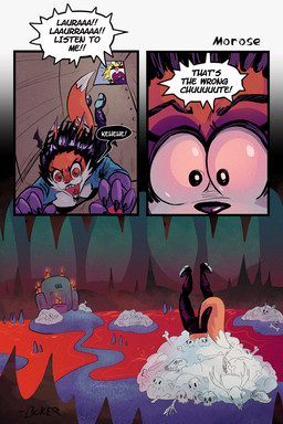 >_< anthro black_hair black_speech_bubble blonde_hair blue_clothing blue_jacket blue_topwear bone boots breasts cave chute close-up clothing dialogue ear_piercing eyes_closed eyeshadow falling female footwear fur hair head_wings highlights_(coloring) industrial_piercing industrial_piercing_ladder jacket laugh makeup orange_body orange_fur piercing pile_of_bones pool_of_blood purple_body purple_boots purple_clothing purple_eyeshadow purple_footwear purple_fur purple_highlights red_eyes sharp_teeth shoes solo tail teeth text topwear unusual_wing_placement upside_down wide_eyed wings boker laura_derose mary_(boker) bat-eared_fox canid canine fox lagomorph leporid mammal rabbit 2:3 artist_name comic signature