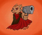 anthro bodypaint bone cape clothing female gun handgun pistol ranged_weapon skull solo weapon sen_grisane_(artist) laika_aged_through_blood laika_(laika_aged_through_blood) canid canine canis coyote mammal 6:5 hi_res