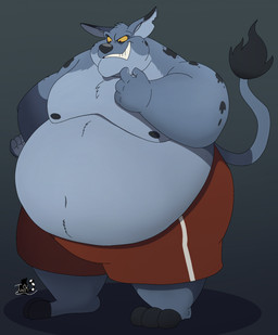 anthro belly big_belly black_nose bottomwear clothing fur grey_body grey_fur male markings moobs obese obese_male overweight overweight_male shorts solo spots spotted_body spotted_fur tail yellow_sclera ogretusks mammal hi_res