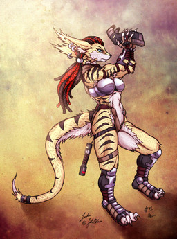 anthro armor biped blue_eyes claws clothed clothing dreadlocks female piercing skimpy solo standing stripes thick_thighs unconvincing_armor dktorzi ozu unknown_species artist_collaboration hi_res