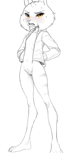 4_toes amber_eyes anthro barefoot bodily_fluids bottomless bottomless_anthro bottomless_female claws clothed clothing cross-popping_vein facial_piercing feet female female_anthro flat_chested genitals hand_in_pocket jacket looking_at_viewer nose_piercing nose_ring open_clothing open_jacket open_topwear piercing plantigrade pockets ring_piercing solo standing sweat three-quarter_view toes topwear vulva w4g4 illumination_entertainment sing_(movie) nooshy_(sing) felid feline lynx mammal 2022 absurd_res black_and_white full-length_portrait hatching_(art) hi_res line_art monochrome portrait shaded spot_color