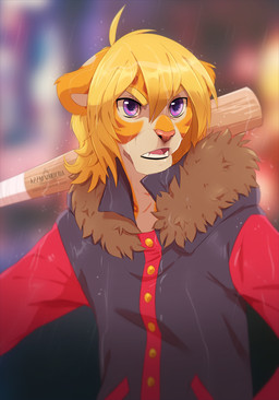 ahoge angry anthro bangs blonde_eyebrows blonde_hair blurred_background clothing eyebrows fangs fur hair hood jacket looking_away male markings medium_hair multicolored_clothing multicolored_topwear open_mouth orange_markings outside pink_nose purple_eyes raining snout solo striped_markings stripes teeth topwear two_tone_clothing two_tone_jacket two_tone_topwear wet_hair yellow_body yellow_fur azzai felid mammal pantherine tiger 2018 colored digital_drawing_(artwork) digital_media_(artwork) half-length_portrait portrait shaded