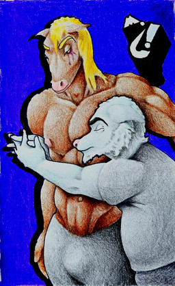 anthro blonde_hair bodily_fluids bulge crying duo hair hug male male/male muscular muscular_anthro muscular_male nipples overweight overweight_anthro overweight_male pecs slightly_chubby slightly_chubby_anthro slightly_chubby_male tears text marthan_crowl_(artist) marthan_crowl_(character) canid canine canis equid equine horse mammal wolf absurd_res english_text hi_res