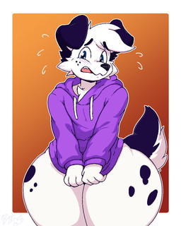 anthro big_butt blush blush_lines bottomless butt clothed clothing clothing_pull covering covering_crotch embarrassed floppy_ears freckled_face freckles front_view hoodie looking_at_viewer male purple_clothing purple_sweater purple_topwear simple_background solo spots sweater sweater_only tail thick_thighs topwear topwear_only white_body wide_hips bluebambo adam_(bluebambo) canid canine canis domestic_dog mammal 4:5 digital_media_(artwork) hi_res