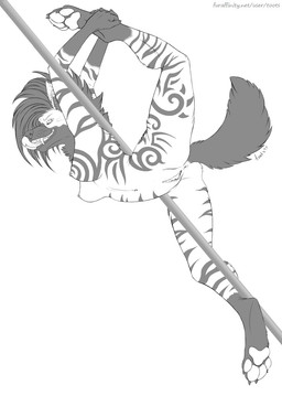 anthro anus biped breasts dancing ear_piercing female fur genitals hair nude piercing pole pole_dancing solo spread_legs spreading stretching tongue tongue_out tongue_piercing vulva toots hyena mammal striped_hyena 2015 hi_res monochrome