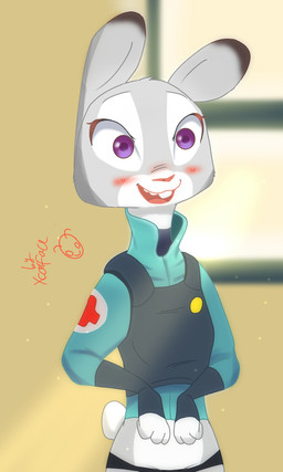 anthro blush bowed_string_instrument clothed clothing female fur musical_instrument pink_nose police police_uniform purple_eyes smile solo string_instrument uniform violin xraymail disney zootopia judy_hopps lagomorph leporid mammal rabbit 2019 3:5 absurd_res hi_res