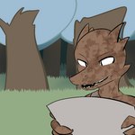 1:1 2014 anthro brown_body brown_skin claws clothed clothing damaged_clothing digital_media_(artwork) dirty forest fully_clothed grass horn kobold lagotrope lizard outline outside plant reading reptile scalie solo story story_at_source story_in_description tgchan tree