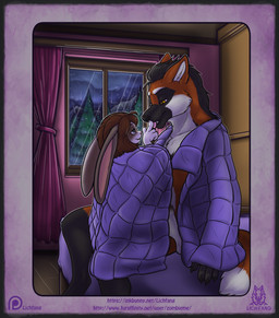 anthro bed bedding black_nose blanket blue_eyes boop brown_body brown_hair cheek_tuft claws countershade_face countershade_torso countershading dark_hair digitigrade dipstick_tail duo evergreen_tree eye_contact eyebrows facial_markings facial_tuft female finger_fetish finger_lick finger_play fingers furniture hair head_markings inner_ear_fluff inside interspecies licking long_ears looking_at_another male male/female mane markings mask_(marking) multicolored_body nude on_bed open_mouth pine_tree pink_nose plant raining red_body short_hair sitting size_difference smaller_female smile tail tail_markings teeth text tongue tongue_out tree tuft two_tone_body white_body window yellow_eyes lichfang canid canine lagomorph leporid mammal maned_wolf rabbit 2017 hi_res url