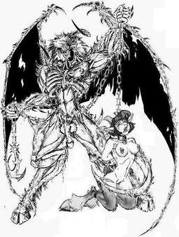bdsm bodily_fluids bondage bound breasts butt chain chained collar duo ear_piercing fangs female flaccid forced genitals hell helpless hooves horn humiliation leash male male/female membrane_(anatomy) membranous_wings nude penis piercing sex_slave simple_background slave tail tears teeth torture vulva white_background wings naga_(artist) demon satyr black_and_white greyscale monochrome