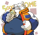 anthro belly big_belly black_nose blue_eyes clothing eating food humanoid_hands kemono male obese obese_male overweight overweight_male shirt solo tongue tongue_out topwear white_body okudami bear mammal polar_bear ursine 2022