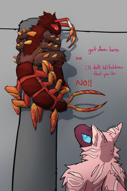 4_arms ambiguous_gender antennae_(anatomy) anthro bandage blue_eyes blue_sclera brown_body brown_fur claws dialogue duo fin fur grey_background multi_arm multi_limb orange_body pink_body pink_fin pink_fur pink_inner_ear pipe red_body red_claws red_eyes red_fur red_sclera shark_fin simple_background text privafuchsia kaiju_paradise aquatic arthropod centipede cetacean crawlipede_(kaiju_paradise) dolphin gootraxian mammal myriapod pseudo_shork_(kaiju_paradise) toothed_whale 2026 english_text hi_res