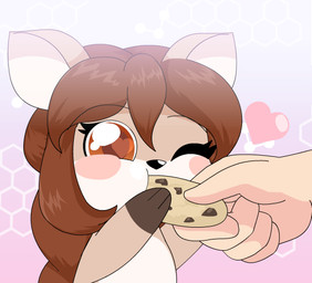 brown_eyes brown_hair chibi cookie duo female food hair heart_eyes heart_symbol humor long_hair one_eye_closed pun solo_focus visual_pun alfa995 doe_(alfa995) deer mammal 2016 digital_media_(artwork)