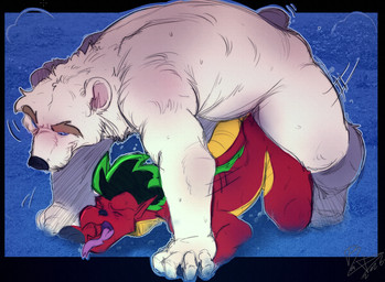 anal anthro arched_back ass_up doggystyle duo eyebrows eyes_closed forked_tongue from_behind_position fur hand_on_hand leapfrog_position male male/male motion_lines muscu open_mouth red_body red_scales scales sex thick_eyebrows tongue tongue_out white_body white_fur raccoondouglas american_dragon:_jake_long disney mythology jake_long bear dragon mammal mythological_creature mythological_scalie polar_bear scalie ursine hi_res