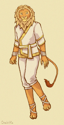 anthro cheek_tuft clothing costume facial_tuft fluffy fur male mane multicolored_body multicolored_fur neck_tuft orange_body orange_fur solo tail tuft ocelotka microsoft the_elder_scrolls kio felid feline khajiit lion mammal pantherine digital_media_(artwork) full-length_portrait portrait