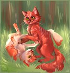 cuddling duo female female/female feral fluffy forest fur grass lying paws plant playing red_body red_fur smile tree fennefox domestic_cat felid feline felis mammal