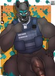 abstract_background anthro armor balls body_armor chain_necklace foreskin genitals humanoid_genitalia humanoid_penis jewelry looking_at_viewer male muscular necklace penis smile solo text vein veiny_penis shawd canid canine mammal 2024 absurd_res english_text hi_res