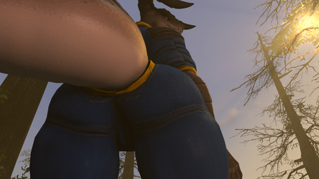 anthro big_butt blue_clothing brown_body butt clothed clothing female forest horn light looking_at_viewer plant scales smile solo sunlight tail teeth tree joker0 vulgarvictor_(modeler) fallout microsoft mommyclaw_(vulgarvictor) deathclaw scalie 16:9 3d_(artwork) digital_media_(artwork) hi_res source_filmmaker_(artwork) widescreen