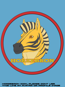 anthro blue_background logo male orange_eyes red_circle simple_background solo stripes text horzebron equid equine hybrid mammal zebra absurd_res english_text headshot_portrait hi_res icon portrait