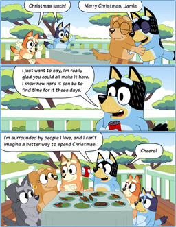 age_difference anthro beverage black_body black_ears black_eyes black_fur black_nose black_tail blue_body blue_ears blue_fur blue_tail brown_body brown_ears brown_fur brown_nose brown_tail can cheers container crossed_arms dialogue ear_piercing ear_ring exclamation_point eyelashes eyes_closed female food fur furniture grey_body grey_ears grey_fur grey_tail group happy holding_beverage holding_can holding_container holding_object holidays hug hugging_another lgbt_pride looking_at_another lunch male merry_christmas multicolored_body multicolored_fur multicolored_tail one_ear_up orange_body orange_ears orange_fur orange_tail piercing plant plate ring_piercing romantic romantic_couple running sitting smile speech_bubble table tail teeth text toasting tongue tree two_tone_body two_tone_fur two_tone_tail yellow_body yellow_fur young young_anthro young_female younger_female omatic bluey_(series) christmas lgbt_pride_month bandit_heeler bingo_heeler bluey_heeler chilli_heeler fan_character jamie_(omatic) australian_cattle_dog canid canine canis cattledog domestic_dog herding_dog mammal pastoral_dog 2025 absurd_res comic digital_media_(artwork) english_text hi_res aunt_(lore) aunt_and_niece_(lore) daughter_(lore) father_(lore) father_and_child_(lore) father_and_daughter_(lore) mother_(lore) mother_and_child_(lore) mother_and_daughter_(lore) niece_(lore) parent_(lore) parent_and_child_(lore) parent_and_daughter_(lore) sibling_(lore) sister_(lore) sisters_(lore) trans_(lore) trans_woman_(lore)