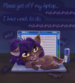 backlighting beverage brown_body brown_fur chibi computer computer_mouse desk electronics energy_drink female fur furniture hair laptop light purple_hair solo speech_bubble table text yellow_eyes purliwhite purli canid canine domestic_cat felid feline felis hybrid mammal english_text hi_res lighting