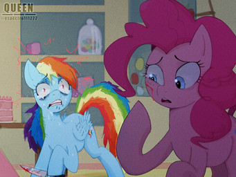 bakery blood blue_body blue_eyes blue_fur bodily_fluids cutie_mark duo eyelashes feathered_wings feathers female feral fluffy fluffy_tail fur hooves inside knife long_mane long_tail mane multicolored_mane multicolored_tail pink_body pink_eyes pink_fur pink_mane rainbow_mane rainbow_tail tail tears tears_of_fear text wings espectro111222 friendship_is_magic hasbro my_little_pony mythology rocket_to_insanity_(mlp_fanfic) pinkie_pie_(mlp) rainbow_dash_(mlp) earth_pony equid equine horse mammal mythological_creature mythological_equine pegasus pony 2025 4:3 artist_name digital_drawing_(artwork) digital_media_(artwork) watermark