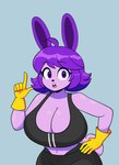 anthro big_breasts bra breasts cleavage clothed clothing female gloves hair handwear open_mouth purple_body purple_eyes purple_hair solo sports_bra sportswear underwear yellow_clothing yellow_gloves yellow_handwear pamaht9 lagomorph leporid mammal rabbit absurd_res hi_res spanish_description