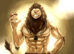 abs anthro bell biceps big_muscles brown_body brown_fur clothing felid fungus fur grin jewelry lion male mammal mane muscular muscular_anthro muscular_male mushroom necklace pantherine pecs sex_toy sky_gomi smile solo teeth yellow_eyes