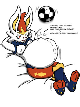 anthro ball belly big_belly blue_body breasts buckteeth cheek_tuft chest_tuft crossed_legs dialogue facial_tuft female female_anthro fetal_movement hands_behind_head head_tuft huge_belly long_ears lying narrowed_eyes navel navy_body nipples on_back pawpads pregnant pregnant_anthro pregnant_female red_body red_eyes soccer_ball teeth text tuft white_body yellow_body yellow_inner_ear yozothescribe nintendo pokemon cinderace generation_8_pokemon pokemon_(species) 2024 3:4 english_text