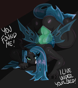 all_fours anthro anthrofied black_body blue_hair blue_tail breasts butt dialogue female fingers green_body green_eyes grin hair long_hair nude smile solo tail teeth text thick_thighs flutterthrash friendship_is_magic hasbro my_little_pony queen_chrysalis_(mlp) changeling 2025 absurd_res english_text hi_res