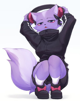 accessory alternative_fashion anthro black_clothing black_jacket black_topwear blep blue_eyes bow_ribbon cellphone clothing crouching electronics female fluffy fluffy_tail fur hair_accessory hair_bow hair_ribbon headphones j-fashion jacket jirai_kei looking_at_viewer phone purple_body purple_fur ribbons solo tail tongue tongue_out topwear pokithekat aggretsuko sanrio shikabane_(aggretsuko) mammal mephitid skunk 2023