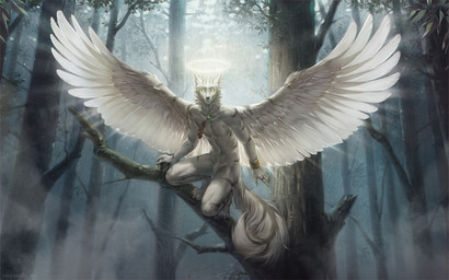 2_horns 5_fingers anthro back_wings big_wings biped bracelet branch claws crouching day digit_ring digitigrade ear_piercing ear_ring eyebrows feather_accessory feather_jewelry feather_necklace feathered_wings feathers featureless_crotch finger_ring fingers fluffy fluffy_tail fog forest front_view glowing glowing_eyes gold_(metal) gold_bracelet gold_jewelry grey_stripes halo horn jewelry light light_beam looking_at_viewer male markings necklace nude on_branch outside piercing plant ring ring_piercing solo striped_arms striped_body striped_legs striped_markings striped_tail stripes sunbeam sunlight tail tail_markings toe_claws tree wings yellow_eyes nikkimory mono_(mononatriumglutamat) canid canine canis mammal wolf 2025 digital_media_(artwork)
