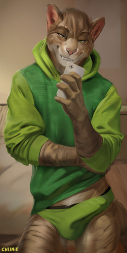 anthro brown_body brown_fur bulge claws clothed clothing detailed_background detailed_bulge electronics erection erection_under_clothing fangs fur genital_outline green_clothing green_eyes green_hoodie green_topwear green_underwear holding_object holding_phone hoodie inside looking_at_viewer male male_anthro markings midriff mirror_selfie penis_outline phone selfie smile solo spots spotted_body spotted_fur standing sweater tan_body tan_fur teeth topwear underwear chunie domestic_cat felid feline felis mammal 2021 adobe_photoshop_(artwork) digital_media_(artwork) digital_painting_(artwork) hi_res painting_(artwork)