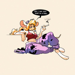 3_toes anthro barefoot blonde_hair breasts cigarette clothing crop_top digitigrade eyewear eyewear_on_head feet female goggles goggles_on_head hair mechanic midriff navel oil pink_nose shirt sitting smoking solo toes topwear jon_bliss chip_'n_dale_rescue_rangers disney gadget_hackwrench mammal mouse murid murine rodent 1:1 2020 hi_res