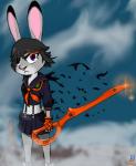 anthro bottomwear clothed clothing cosplay crossover_cosplay fully_clothed fur furgonomics grey_body grey_fur holding_object holding_weapon melee_weapon outside purple_eyes skirt solo standing sword tail tail_through_skirt weapon theblueberrycarrots disney kill_la_kill studio_trigger zootopia judy_hopps ryuko_matoi lagomorph leporid mammal rabbit 2018 crossover hi_res