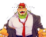 anthro black_clothing black_topwear business_suit claws clothing hair horn kiss_mark loose_necktie male necktie red_hair shirt solo suit topwear white_claws white_clothing white_shirt white_topwear yowasabimechaoc mario_bros nintendo bowser koopa scalie hi_res